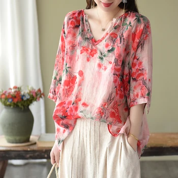 

Summer T-shirt 2020 Women Large size Loose Retro All-match Sunscreen Tops New V-Neck Short Sleeve Print Casual Ladies T-shirt