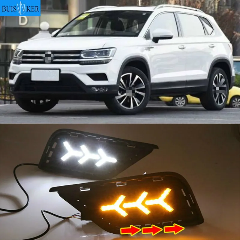 

2 шт. светодиодный DRL Дневной светильник s для Volkswagen VW тару 2019 с желтым сигналом поворота колпак противотуманных фар; Темно-синие