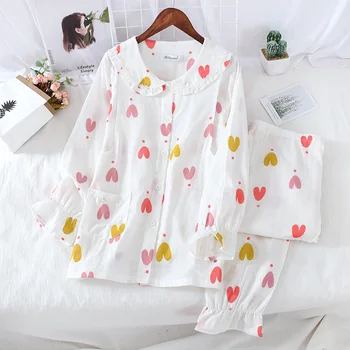 

Long-sleeved Trousers Two-piece Pajamas Female Cotton Maternity Clothes Nursing Double Gauze Color Love Women's Pajama Pants
