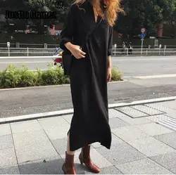 Декоративное винтажное свободное мешковатое черное платье с поясом, изготовленное из высококачественных материалов, Модное Длинное