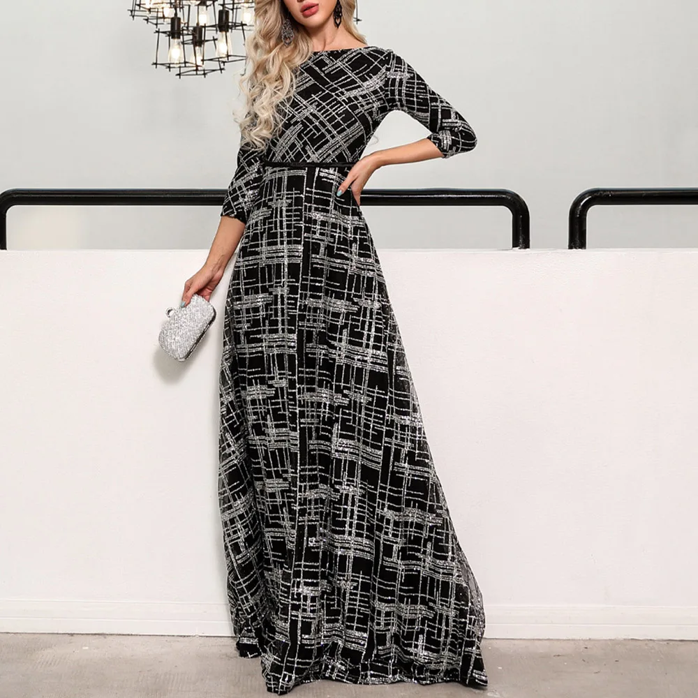 Dressv Черное вечернее платье с овальным вырезом 3/4 без рукавов ТРАПЕЦИЕВИДНОЕ ПЛАТЬЕ с блестками длиной до пола свадебные вечерние платья для женщин