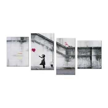 

Panorama Canvas Banksy Girl Globo's 4 pieces-printed in Canvas Frame-pictures modern decoration Lounge