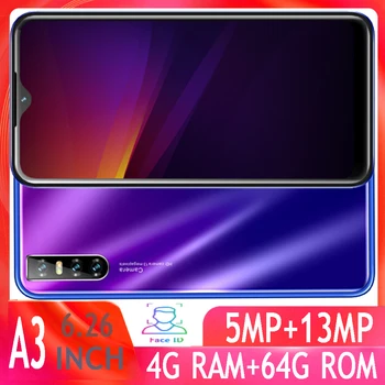 

A3 quad core smartphones 4GB RAM 64GB 13MP 6.26 water drop screen android mobile phones face ID unlocked celulares dropshipping