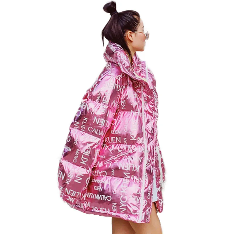 

New Winter Down Jacket Women Thick Print Plus Size Letter Sweet Pink/Red Jacket Glossy Cotton Coats Females Warm Parka Overcoat