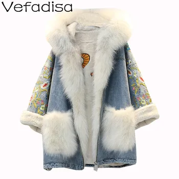 

Vefadisa Embroidery Floral Denim Parka Women 2020 Winter Thick Warm Parka Fur Collar Drawstring Waist Hooded Women Parka QYF4325