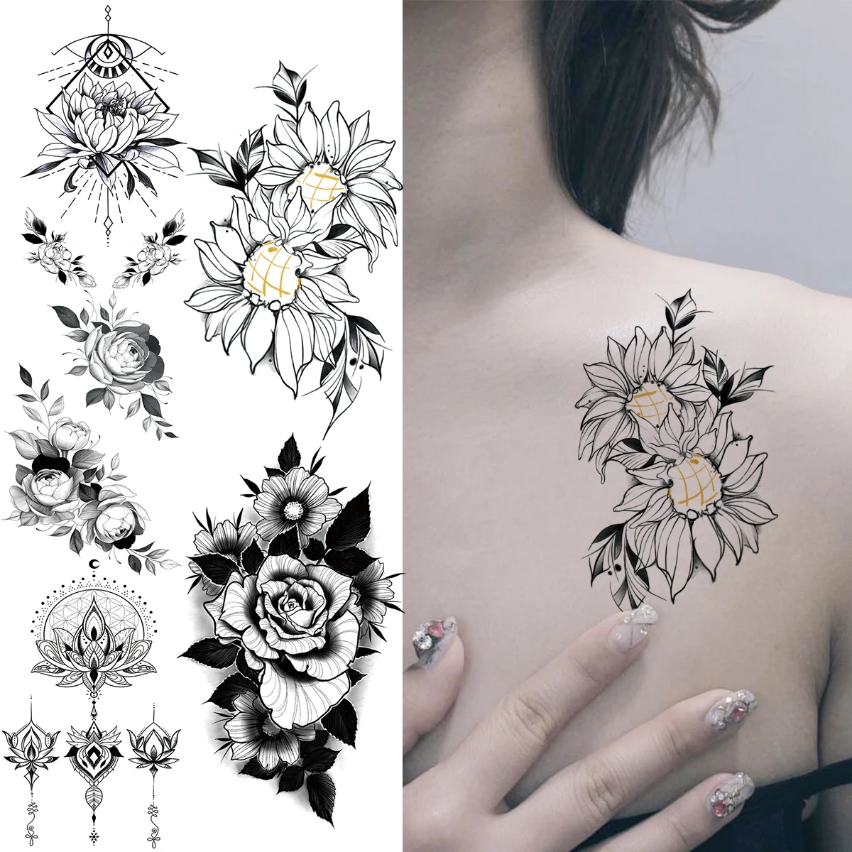 

Black SunFlower Sexy Chest Temporary Tattoos For Women Adult Rose Henna Realistic Fake Tattoo Body Art Washable Tatoos Decal