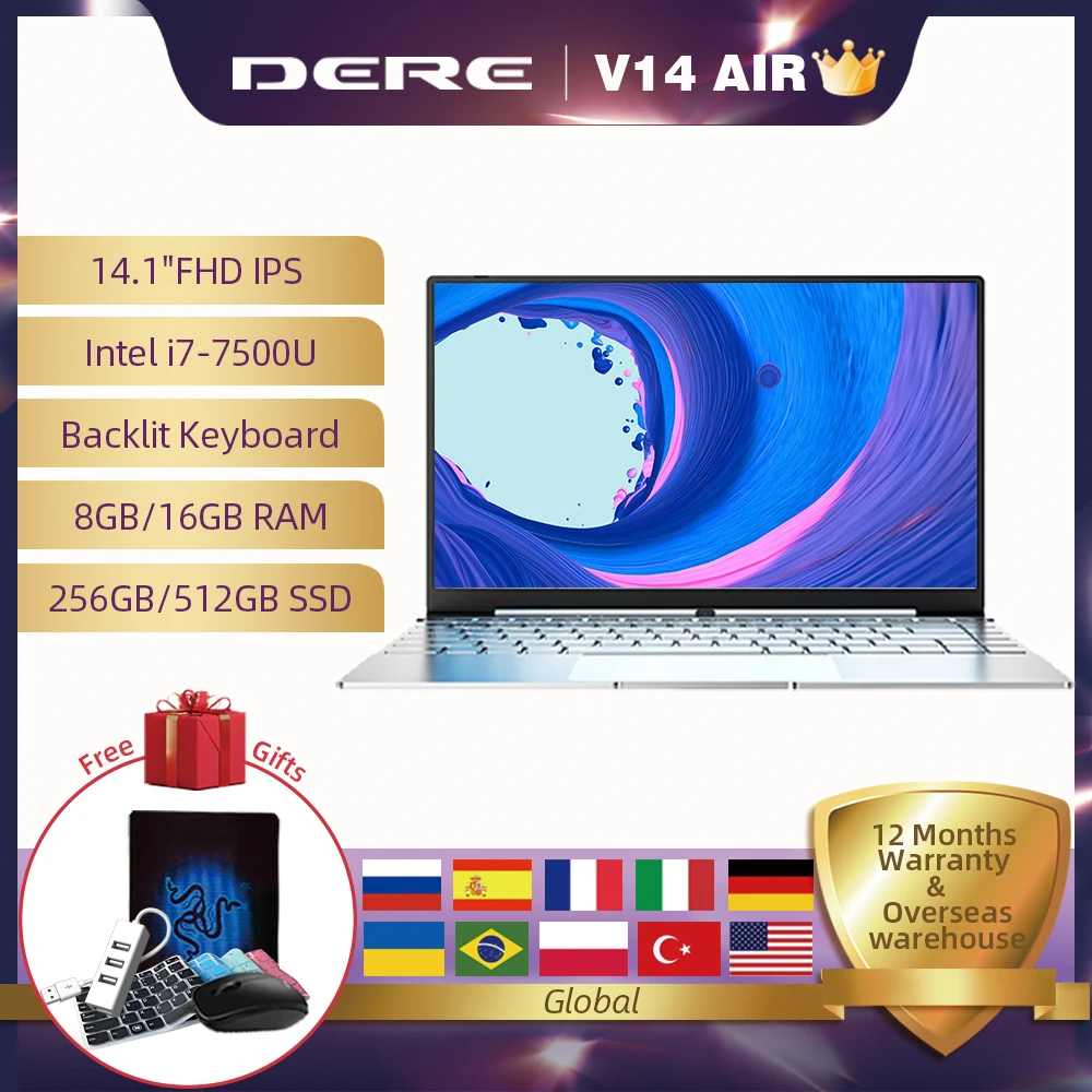 Dere V14 Air 14.1inch Laptop Notebook Intel i7 1920x1080 IPS Backlit Keyboard 8GB LPDDR4 256GB Gaming Laptops Windows 10 Pro PC-0