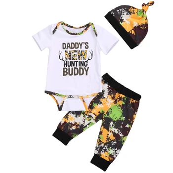 

3 Pc Baby Summer Outfit White Round-Neck Bodysuit with Antlers Print Camouflage Pants Multicolor Hat Suits for Toddler 0-2 Years