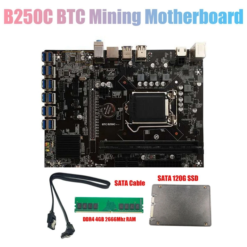 B250C BTC Mining Motherboard with DDR4 4GB 2666MHZ RAM+120G SSD+Cable 12XPCIE to USB3.0 Card Slot LGA1151 for | Компьютеры и офис