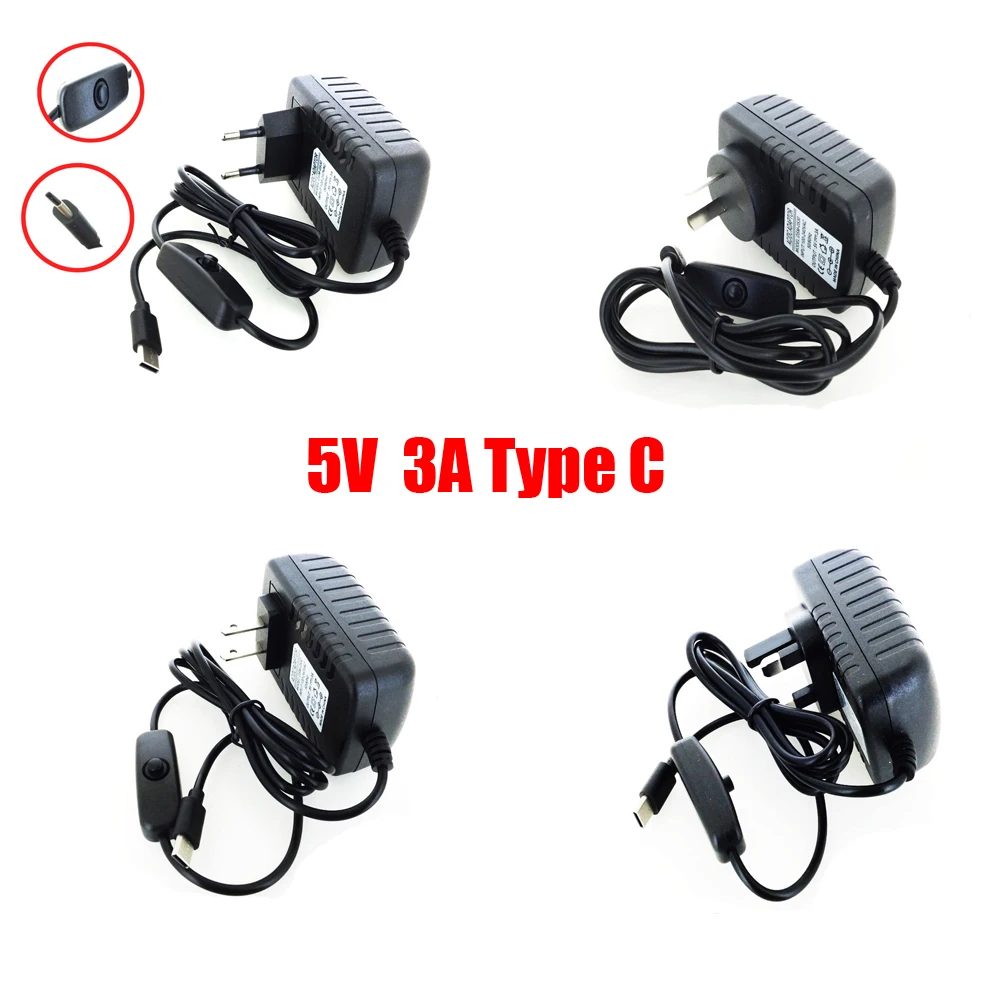

5V 3A USB C Power Adapter On/OFF Switch Power Supply USB Type C EU US UK AU Plug Power Charger for Raspberry Pi 4 Model B