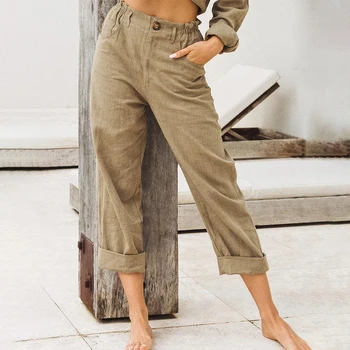 

CALOFE Women Straight Pants Cotton Solid Zipper Elastic Waist Casual Long Streetwear Pockets Bottoms Femme Plus Size 5XL