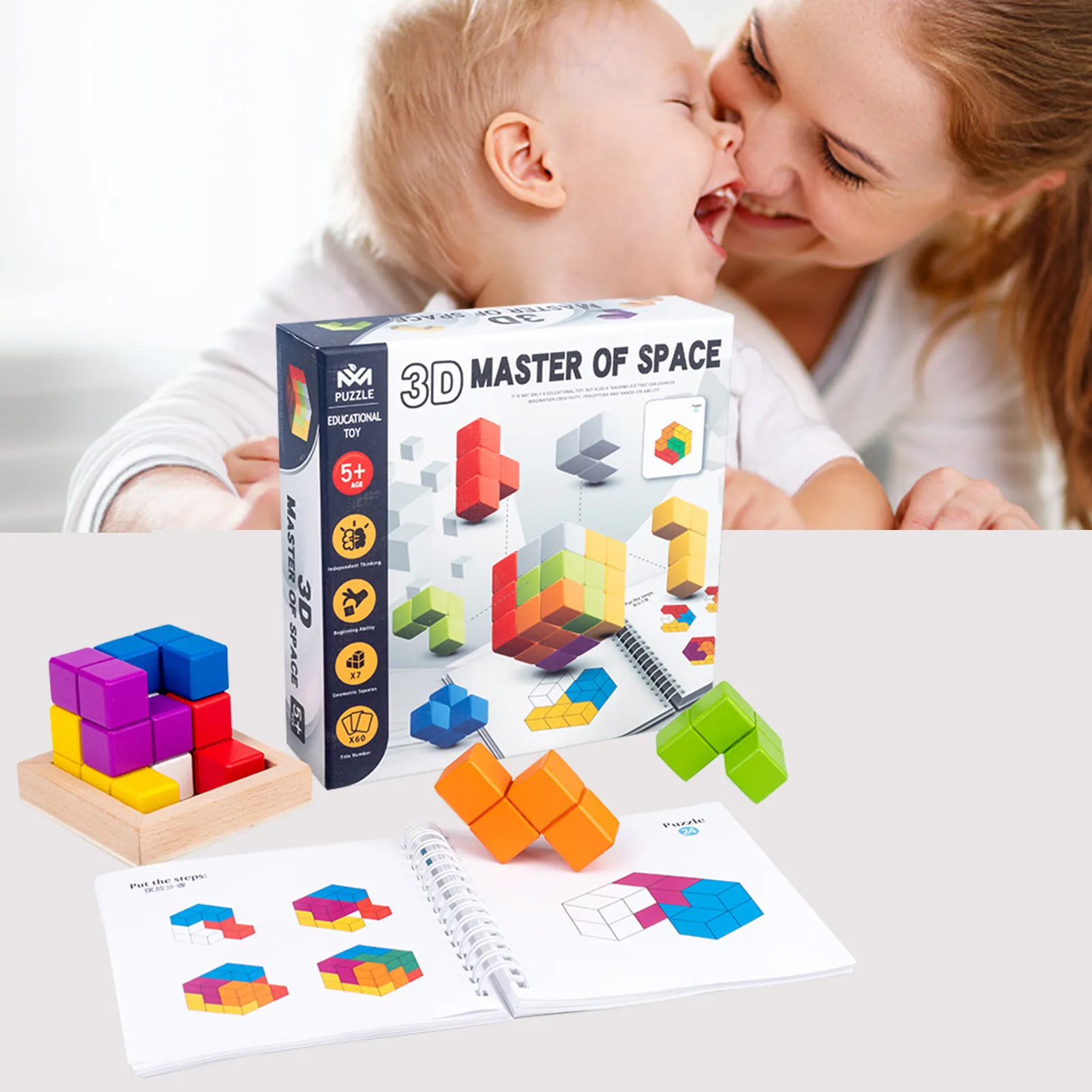 Caixa de Quebra-cabeças de Madeira Empilhamento de Jogos com Tijolos Brinquedos para Crianças Colorida Coloridos 24 Cubos mágicos