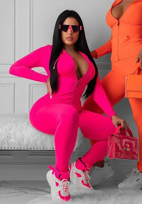 ANJAMANOR облегающий комплект из двух предметов, спортивный костюм, Осень-зима, сексуальные неоновые оранжевые костюмчики для женщин, спортивный костюм, толстовка с капюшоном и штаны, D87AD71 - Цвет: Розовый