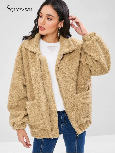 

Turn-down Collar Zipper Plush Thick Teddy Coats Women Winter Lamb Outwear Fluffy Faux Fur Coats And Jackets Ladies Teddy Jackets