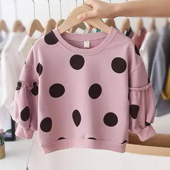 

Leisure Baby Kid Girls Sweatshirt Cotton Long Sleeve Splicing Autumn Breathable Dot Printing Ruffled Round Neck Jumper