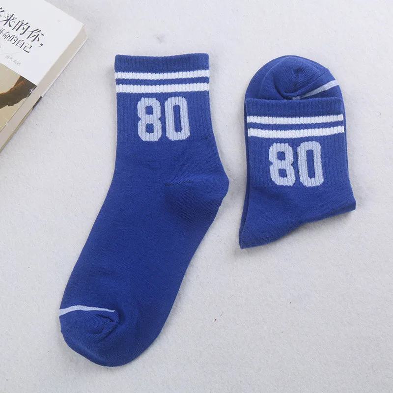 Blue White 80 Женские хлопковые носки унисекс с буквенным принтом и цифрами, с двойной полоской, harajuku sox, крутые носки для скейтборда, хипстерские носки, Прямая поставка - Цвет: Blue White 80