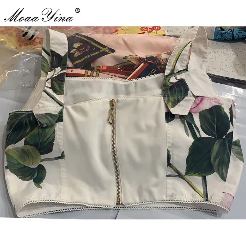 MoaaYina Fashion Designer Summer Women's Tops Floral-Print Cotton Small sling
