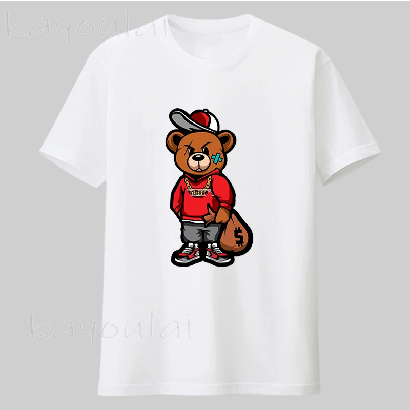 

2021 New Arrivals Fashion Gangster Teddy Bear Money Bag Print Graphic T Shirts Men T Shirts 2021 Casual 100% Cotton Custom Tees