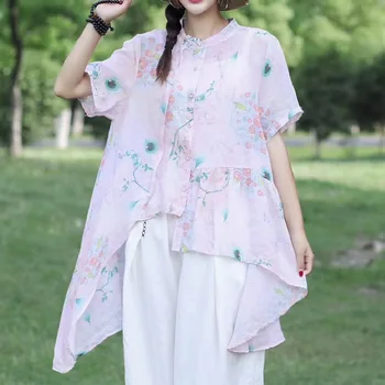 

retro digital print ramie T shirt tops short sleeve artsy irregular front short back long tops