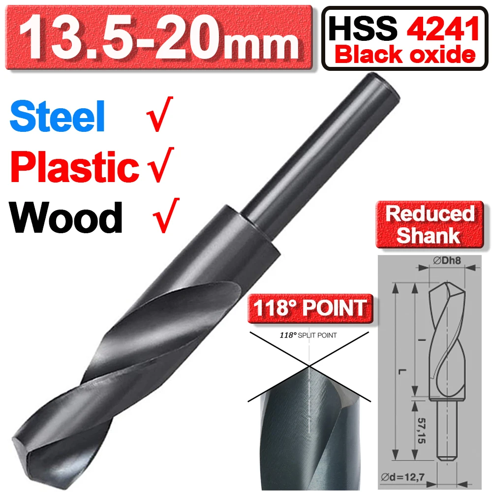 1/2 13.5-20 mm Reduced Shank Drill Bit HHS-G Black Oxide Blackmith Twist Dill Bit Metric Size Steel for Metal Plastic Wood D30