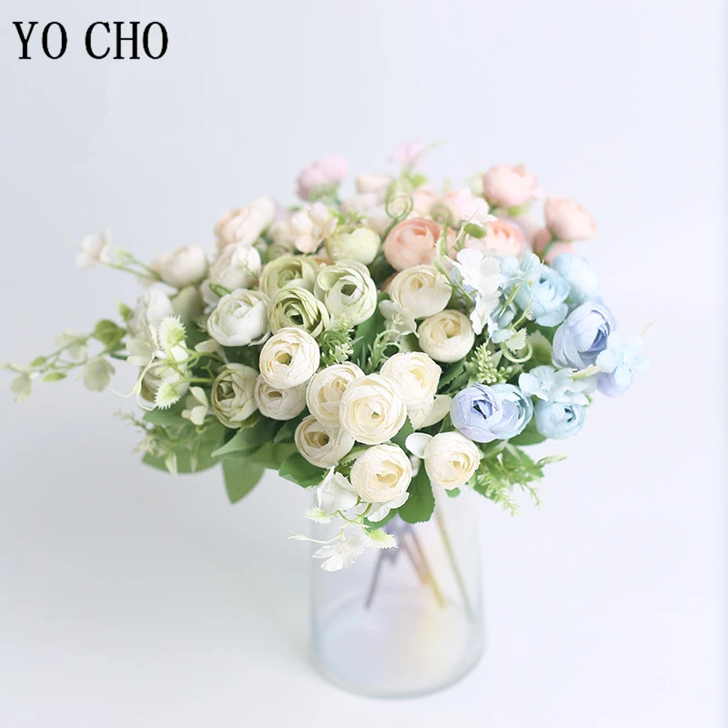 Yo Cho 5 Forchette 10 Teste Tea Rose Fiore Artificiale Seta Rose Mazzo Wedding Girl Mini Bouquet Fiore Home Party Wedding Decor