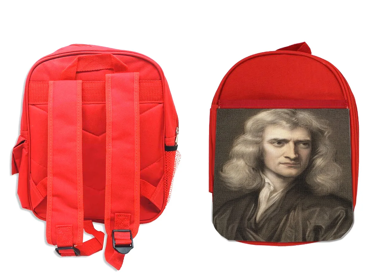 MERCHANDMANIA red backpack ISAAC NEWTON portrait child INVENTOR kitty