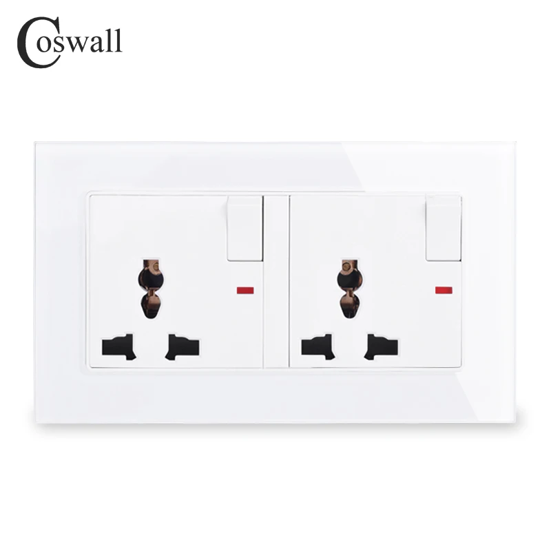 COSWALL закаленное стекло панель 2 банды 13A универсальная переключаемая розетка с неоновым индикатором заземленная с детская защита для двери - Тип: White