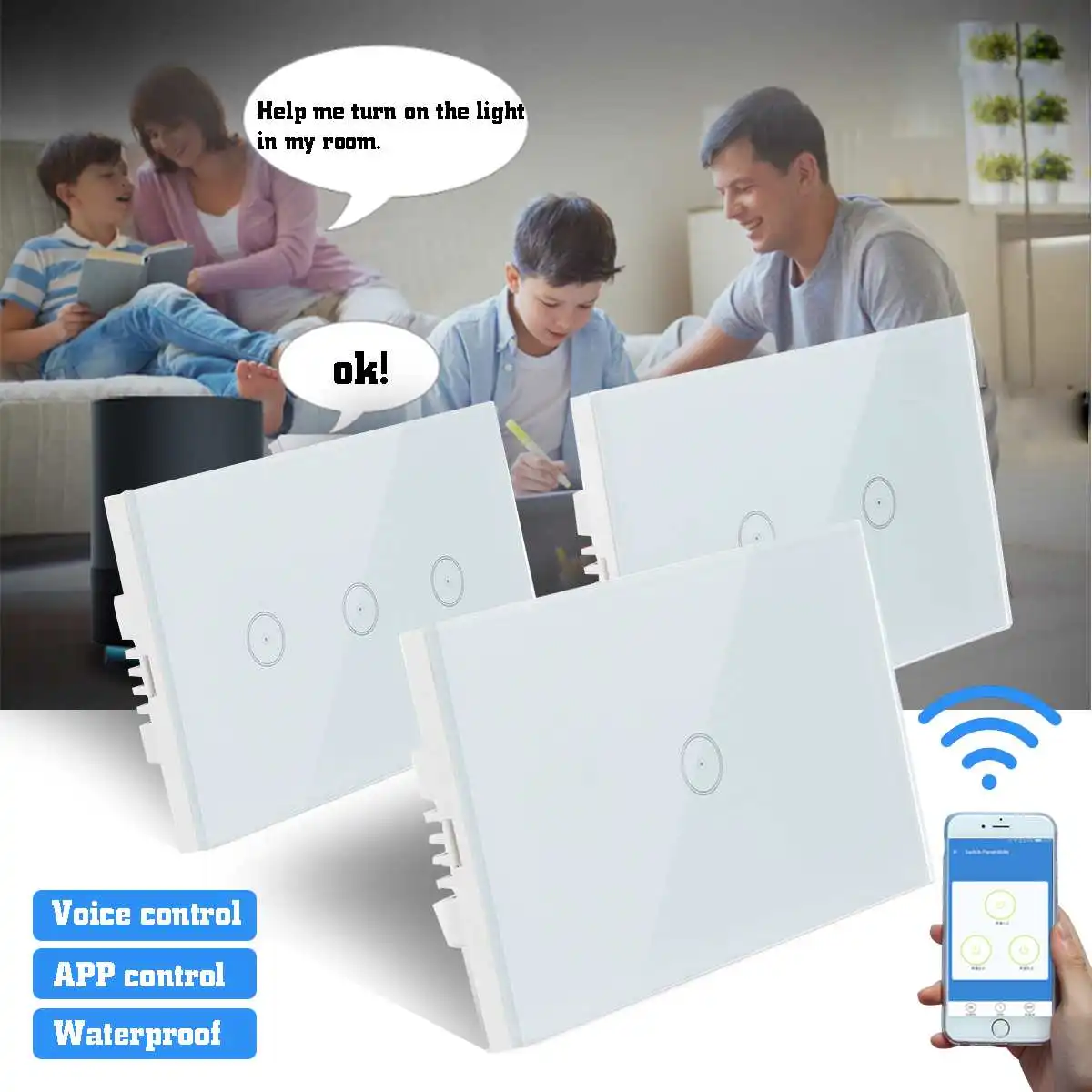 

Waterproof and Shockproof 110V-240V Voice Control Glass Panel Switch Timer Switch Support Alexa Google Family