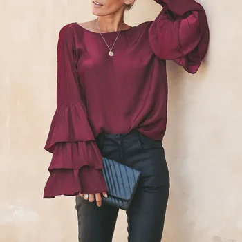 

Sexy Lace Splicing Back Deep-V Blouse Women Shirt Ruffle Long Sleeve Solid Office Party Casual Loose Blouses Shirts Ladies Tops