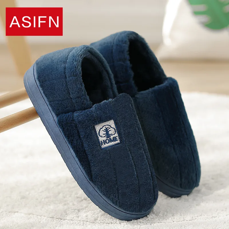 

ASIFN Men's Slippers Winter Non-slip Warm Home Indoor Male Zapatos Plus Velvet Thick Bottom Female Slipper Lovers Flip Flops