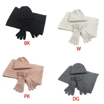 

3Pcs Women Long Scarf Beanie Hat Gloves Set Twist Braided Cable Knitted Plain Solid Color Cuffed Skull Cap Neck Warmer Mittens