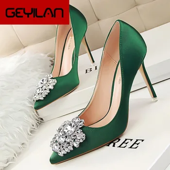 

LAKESHI Women Pumps Crystal High Heels Shoes 2019 Spring Women Shoes Fashion Pointed Toe High Heels Wedding Shoes