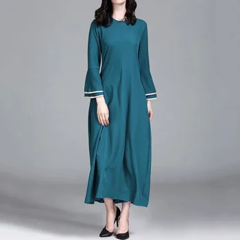 

Abaya Jilbab Muslim Maxi Dress Solid Blue Plus Size Kaftan Long Dress Vintage Fashion Islamic Clothings Mid-Calf Long Robe 2XL