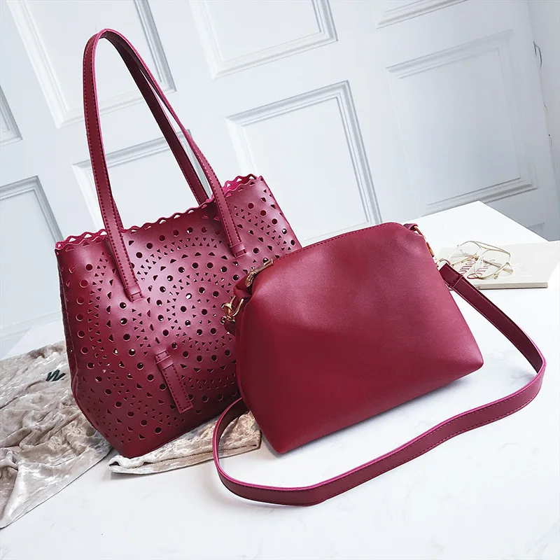 

2019 new fashion Korean version hollowed out PU Tote bag single room oblique span woman bag two-piece Lady bag girl fashion clas