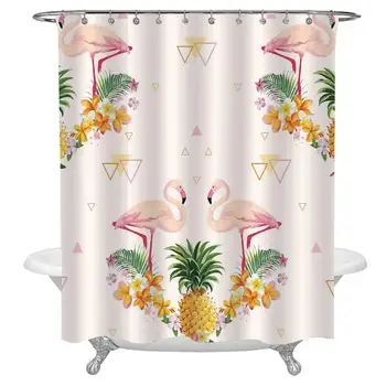 

Flamingo Shower Curtain for Modern Home Decor,Geometrical Pine and Flamingos Tropical Summer Fruit Pool Party Washable Cloth
