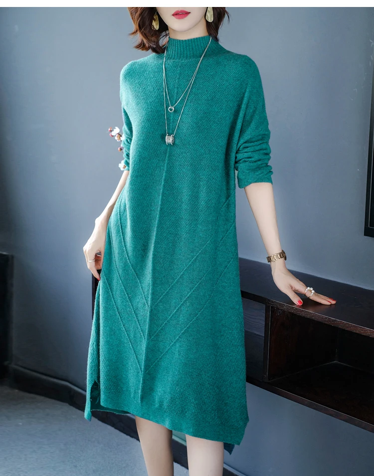 Женские зимние свободные стильные кашемировые вязаные платья Новая мода осень зеленый теплый длинный пуловер свитер платье женский трикотаж
