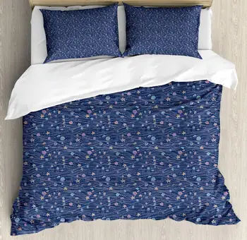 

Seashells Duvet Cover Set Ornate Theme of Underwater Elements 3 Piece Bedding Set Dark Lavender Multicolor