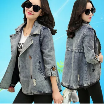 

Jacket Coat Loose Plus Size Short Denim Jacket Women Spring autumn Basic coat 3/4 sleeve Double Breasted Cloak Jacket Outerwear