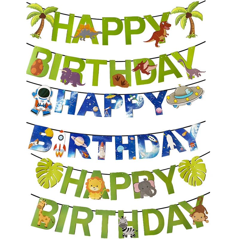 Banniere Joyeux Anniversaire Licorne Espace Exterieur Voiture Jungle Animaux Banderole En Papier Drapeaux Pour Fete Prenatale Decor De Fete Pour Enfants Aliexpress