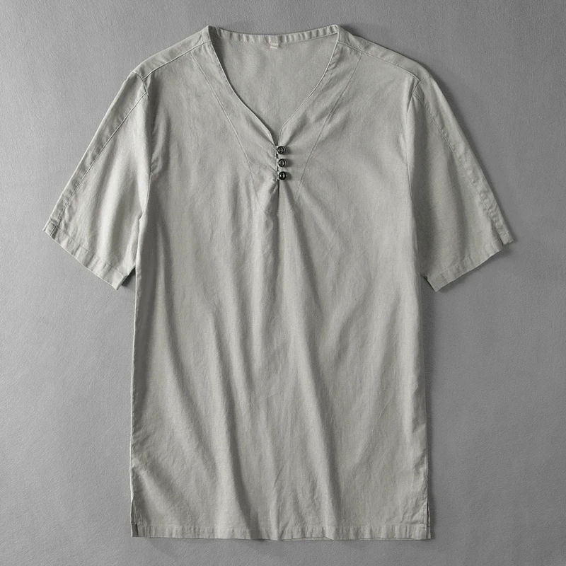 

New arrival large size mens t shirt cotton and linen gray t-shirt for men solid fashion t shirts male breathable tshirt chemise
