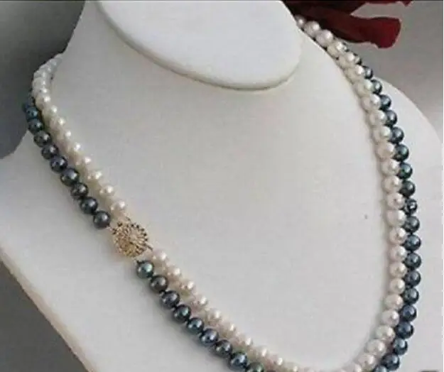 

Jewelry Pearl Necklace Natural 2Row 7-8MM WHITE & BLACK PEARL NECKLACE 17-18" Free Shipping