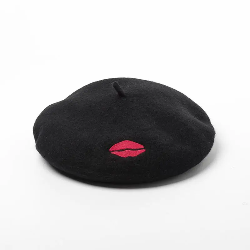 COKK осень зима женские шапки Красная Вышивка губ чистая шерсть берет живописца шапка теплый винтажный капор Boina Gorras Chapeau Femme - Цвет: Black