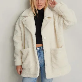 

Fashion Shaggy Faux Fur Coats Teddyjas Women Streetwear Autumn Winter Warm Plush Teddy Office Coat Jackets Pocket Soft Outwears