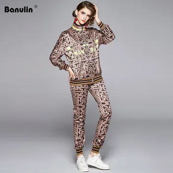 

Spring Autumn Runway Luxious Printed Pants Suit Women's Loose Zipper Up Jacket Coat + Elastic Waist Trousers Two Piece set