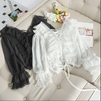 

2020 New Spring Lady Girls Chiffon Blouse CHIC Flounced Lace-up V-neck Fairy White/black Shirts Long Sleeve Elegant Short Tops