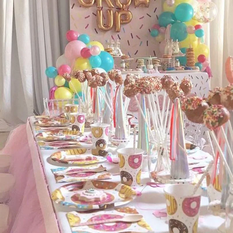 77 шт/16 гость счастливый день рождения пончик вечерние одноразовые посуда бумажные тарелки скатерть лечение декор для детского дня рождения Baby shower
