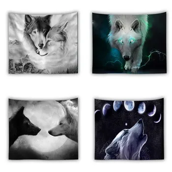 

Dropshipping Animal Wolf Tapestry Home Decor Wall Hanging Hippie Polyester Blanket Fabric Bedroom 180×230CM With 6M LED Light