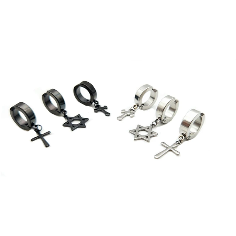 Punk Cross Hexagram Pendant Round Clip Earrings For Women Rock Men Simple Dangle Earring Black Silver Color Jewelry Friends Gift | Украшения
