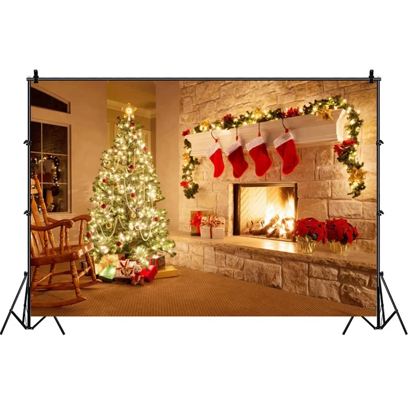 Photography Backdrops Christmas Tree Fireplace Background for Picture Red Socks Xmas Party Decor Family Photo Studio Backdrop