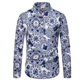 

Linen Shirts Men Stand collar Unique button design Long sleeves Floral Shirt for Men's clothes Casual Blouse Men